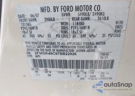 2007 Ford Edge Sel Plus z USA, uszkodzony, nr VIN 2FMDK49C97BB22926